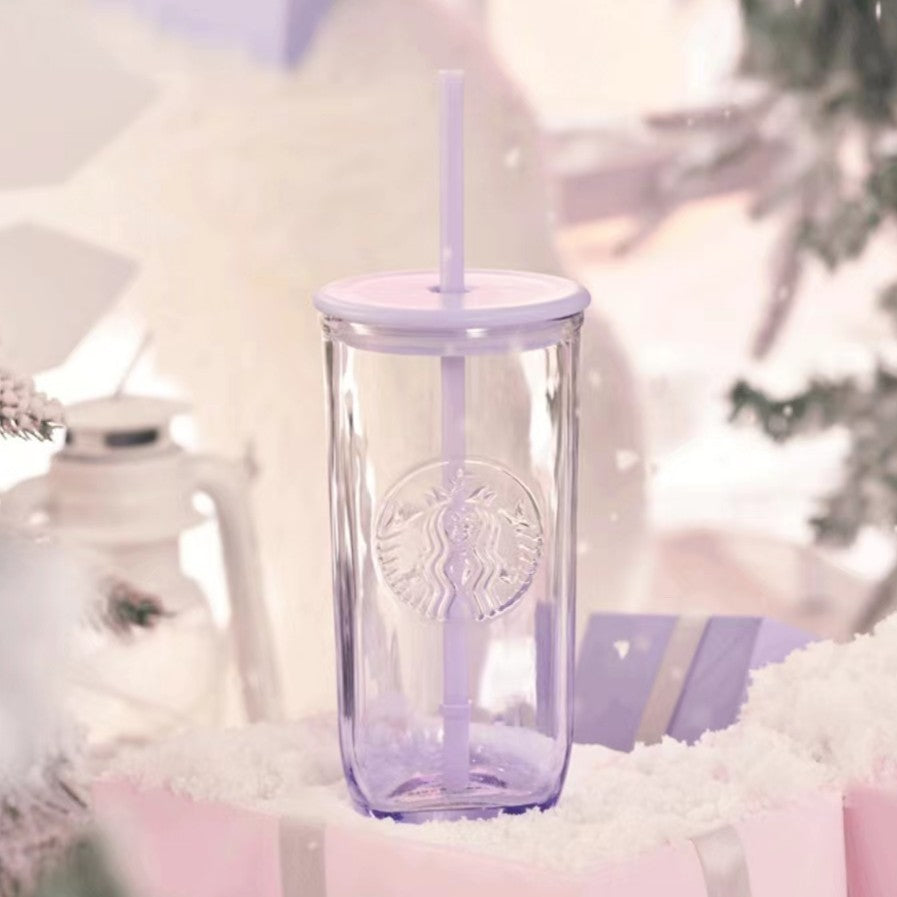 Starbucks China 2023 Christmas cute pet series purple or pink triangular triangle glass straw cold cup 16oz pink glass have cat paw topper Starbucks loveinstarbucks