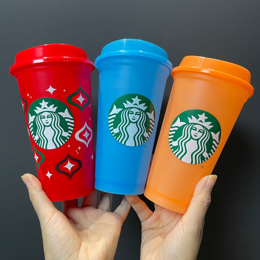 Starbucks reusable red blue and orange cup 16oz a set Starbucks loveinstarbucks