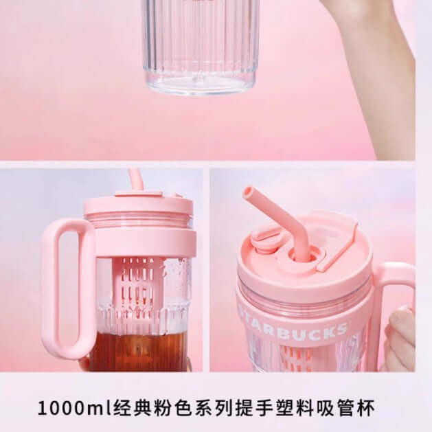 Starbucks China 2024 Classic pink series plastic straw cup with handle 1000ml Starbucks loveinstarbucks