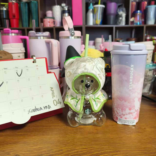 2pcs -  Starbucks China Green glass    and flaw Korea Sakura Stainless steel cup  - please read details before order