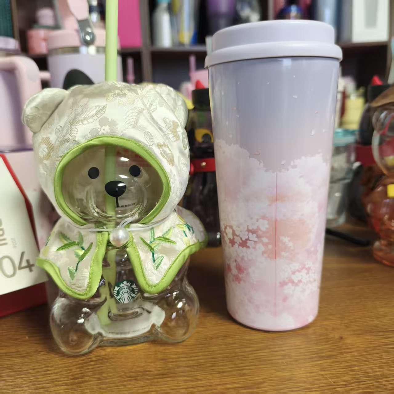 2pcs -  Starbucks China Green glass    and flaw Korea Sakura Stainless steel cup  - please read details before order