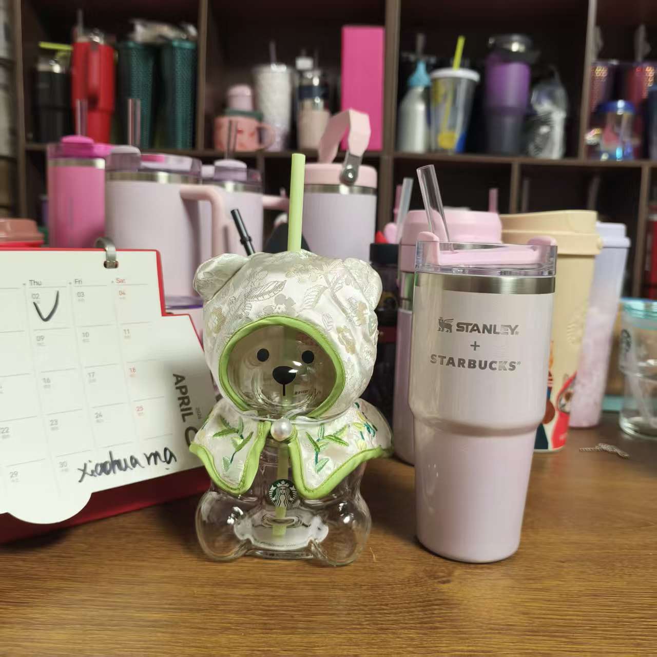 read details -  2pcs -  Starbucks China Bearista BEAR glass and JP Stanley (tiny flaw as second picture ) Stainless steel cup