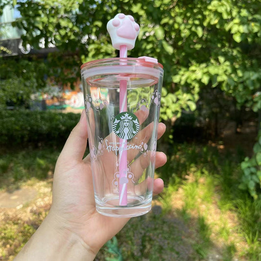 Starbucks China Enjoy Frappuccino Glass pink Straw Cup with cat's claw topper 15.20oz Starbucks loveinstarbucks