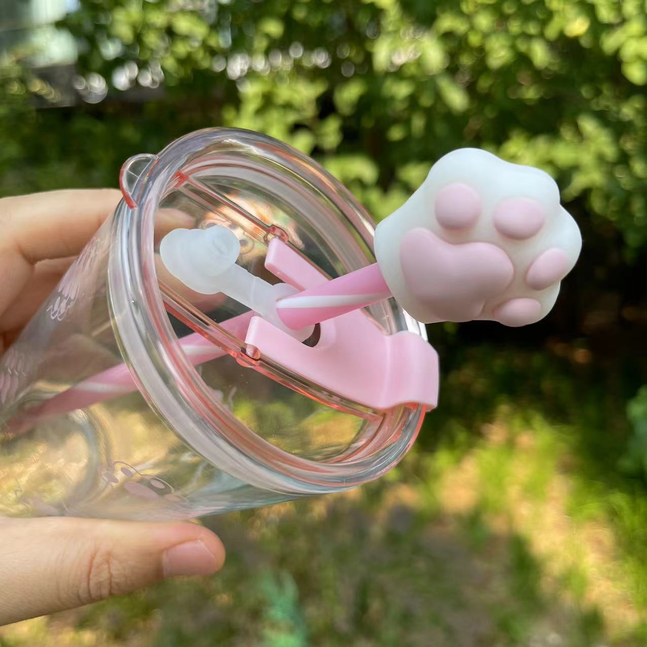 Starbucks China Enjoy Frappuccino Glass pink Straw Cup with cat's claw topper 15.20oz Starbucks loveinstarbucks