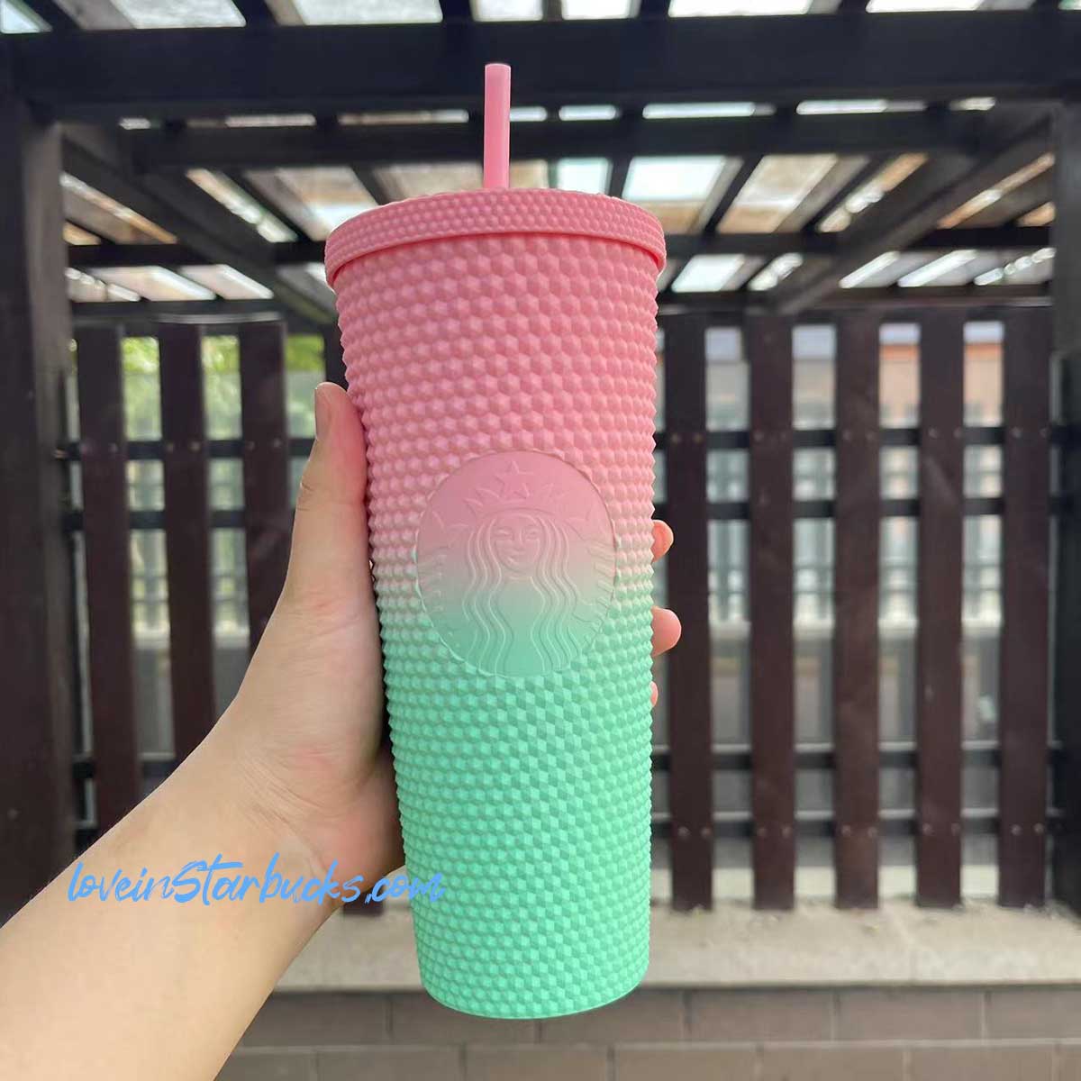Starbucks Taiwan ombrÃ© matte pink green gradient studded cold tumbler cup 24oz Starbucks loveinstarbucks