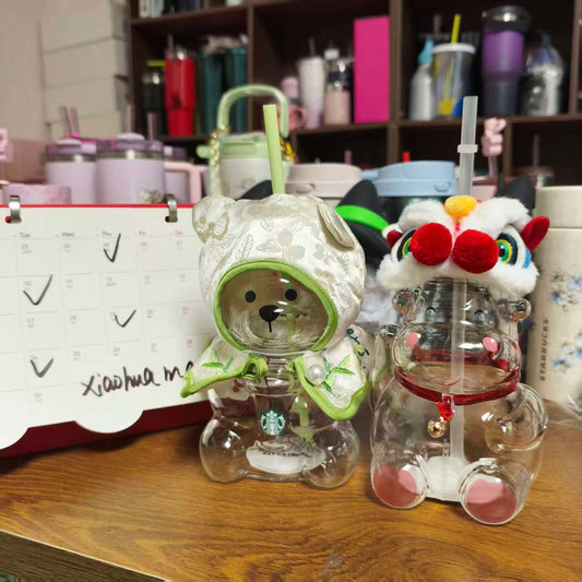 2pcs - Starbucks China Bearista BEAR glass and Cow Lion Dance glass