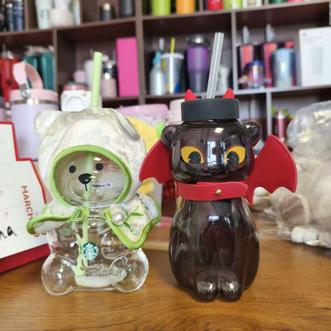 2pcs - Starbucks China Green Bearista BEAR and cat  glass - please read details before order