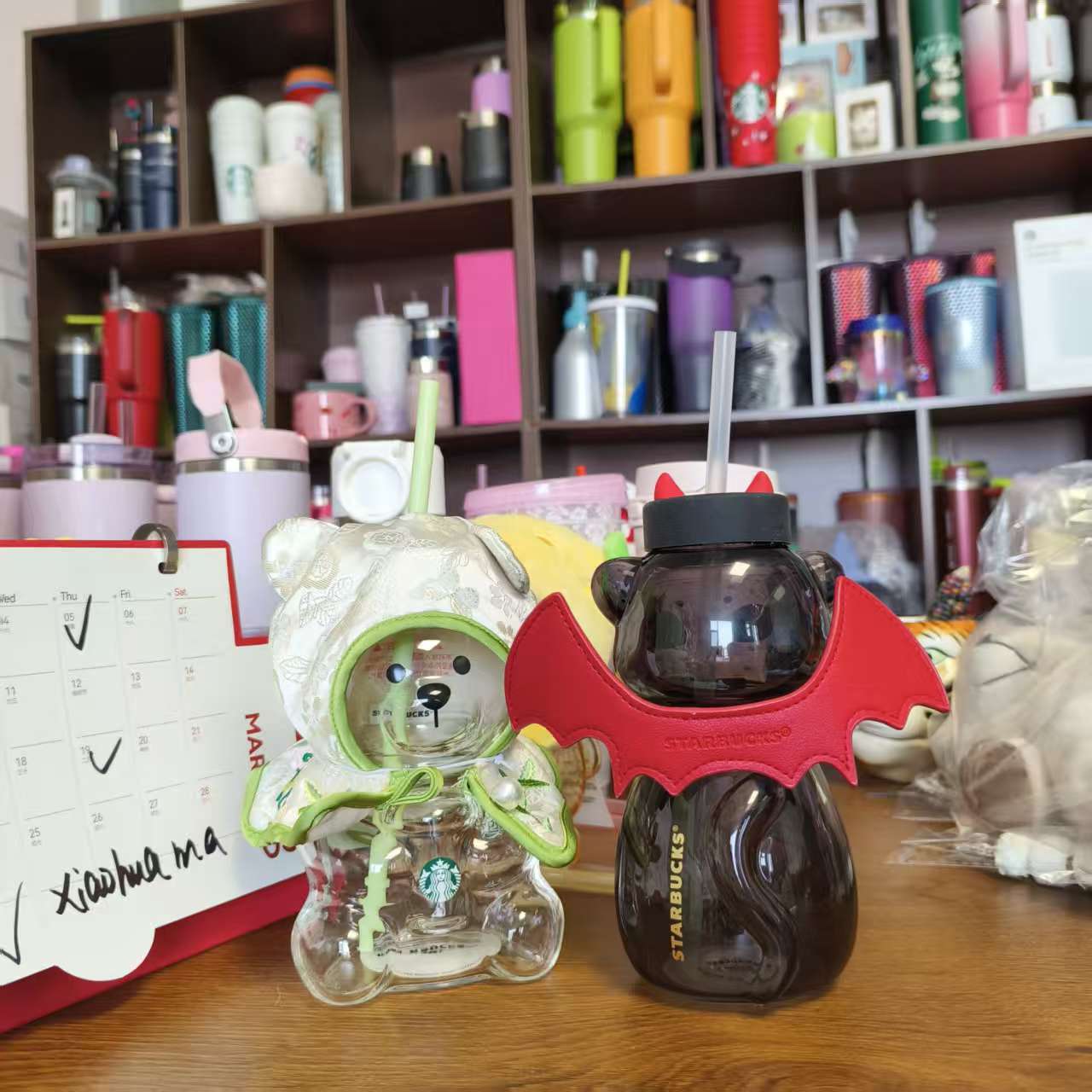 2pcs - Starbucks China Green Bearista BEAR and cat  glass - please read details before order