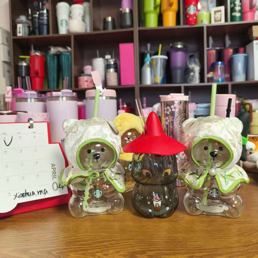 3pcs -  Starbucks China Green X2  Bearista BEAR and black cat with red hat x1   glass - please read details before order