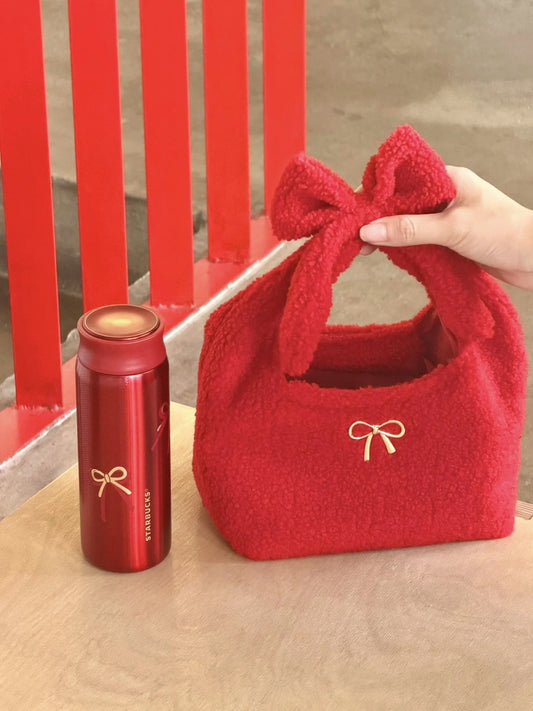 Starbucks China 2026 Christmas Woven with Warmth Series 350ml 11.83oz Stainless Steel Tumbler with Bow Handle Pouch