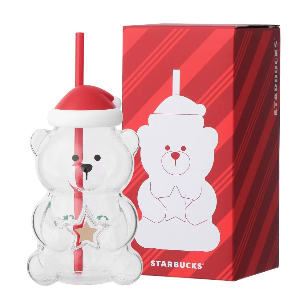 Starbucks Japan 2026 Christmas Series Bear-Shaped Glass Tumbler with Straw 473ml 15.99oz