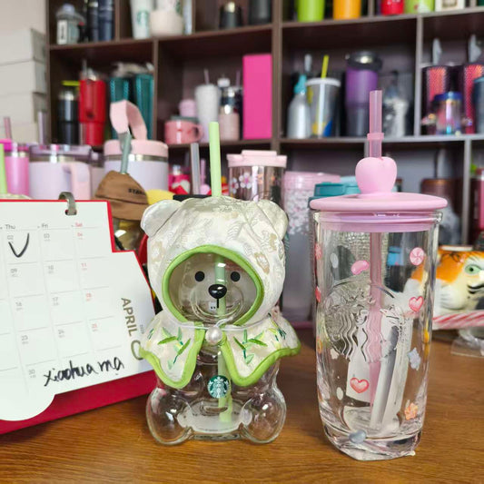 2pcs -  Starbucks China Green x1  Bearista BEAR and heart glass x1   glass - please read details before order