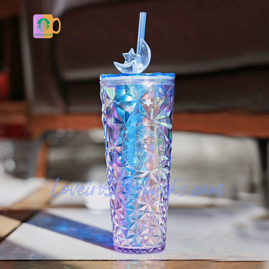 on sale Starbucks Tumblers China Star Wishing Moonlight blue purple Diamond Glitter prism straw cold cup 24oz On sale Starbucks loveinstarbucks