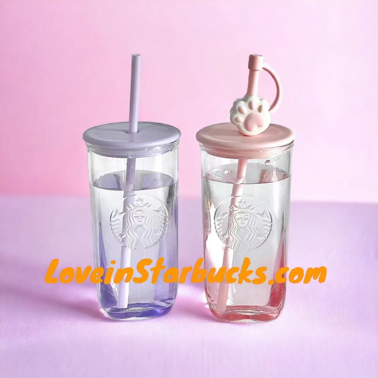Starbucks China 2023 Christmas cute pet series purple or pink triangular triangle glass straw cold cup 16oz pink glass have cat paw topper Starbucks loveinstarbucks