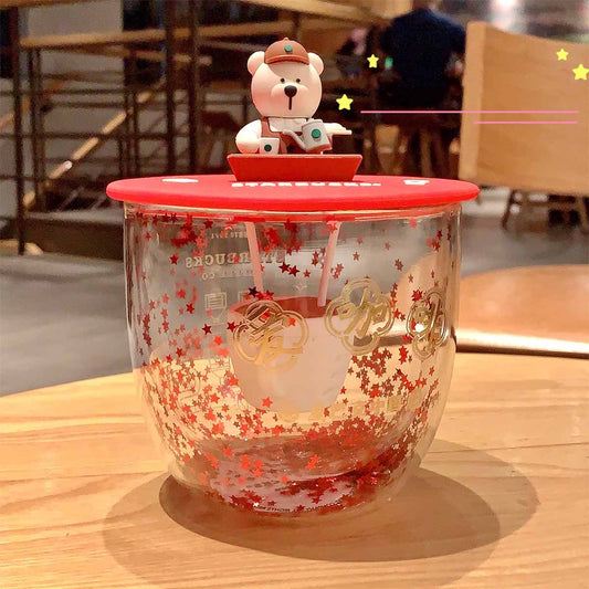 Starbucks China 2020 National trend of three good young people Love Coffee Double-layered Glitter Glass Cup 414ml loveinstarbucks loveinstarbucks