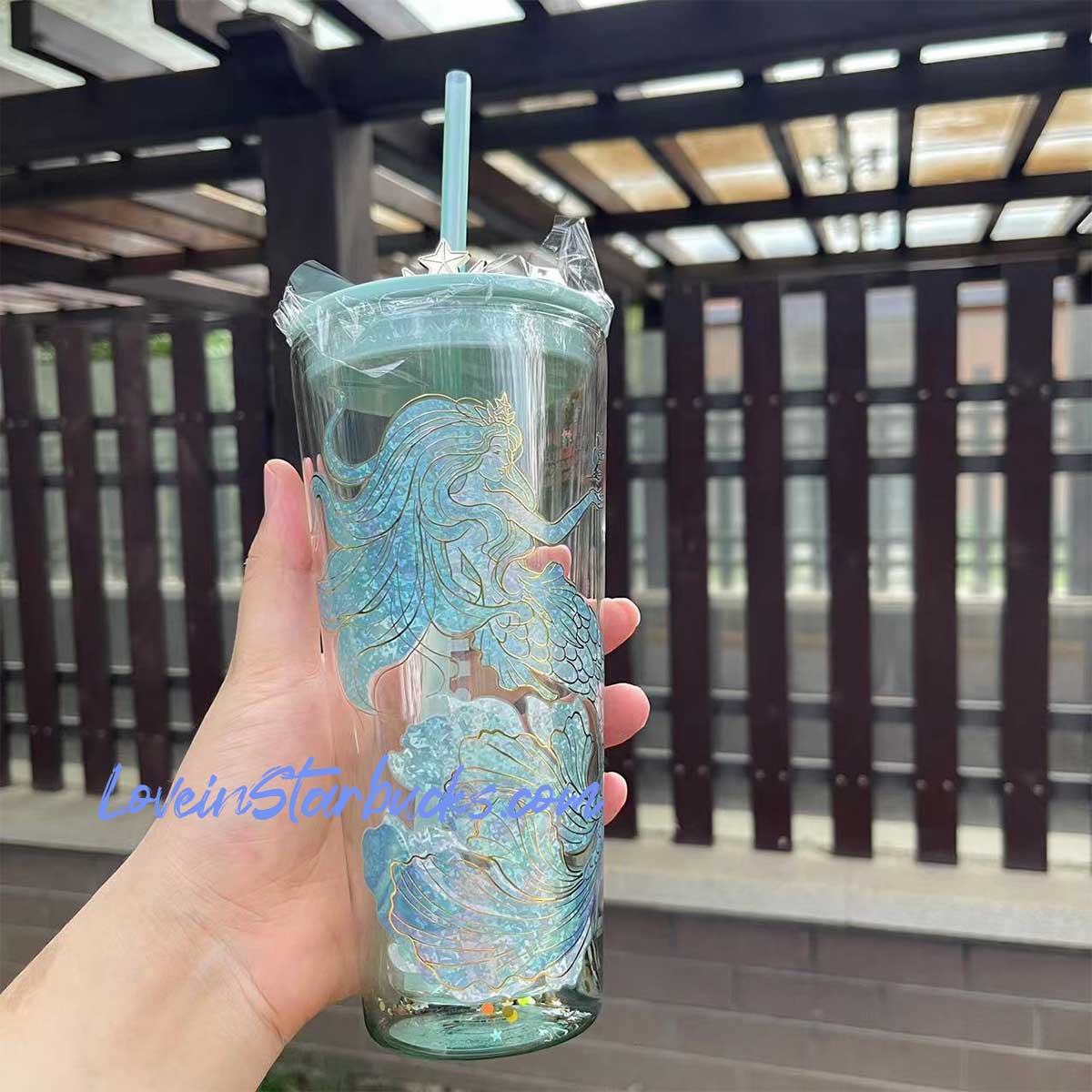 Starbucks China 2022 anniversary blue or green ocean mermaid crown Classic Glass Straw cup 20oz Starbucks loveinstarbucks