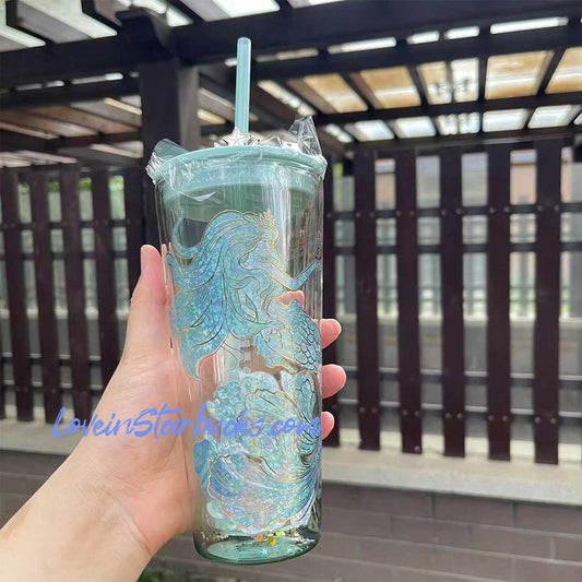 Starbucks China 2022 anniversary blue or green ocean mermaid crown Classic Glass Straw cup 20oz Starbucks loveinstarbucks