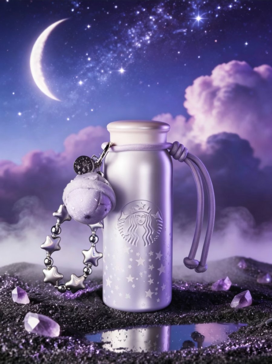 Starbucks China 2026 Purple Night Star River series 420ml luminous stainless steel cup with planet pendant