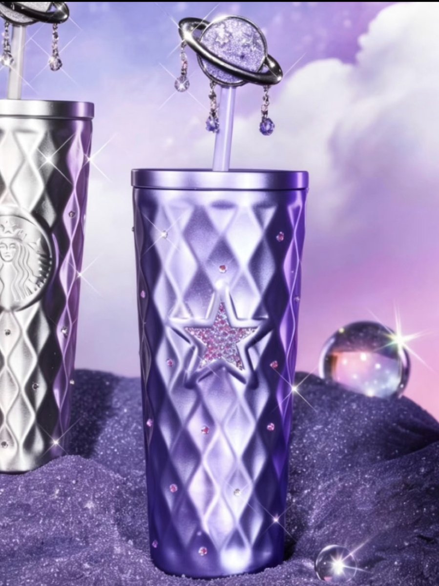 Starbucks China 2026 Purple Night Star River series 600m Purple Diamond Style Stainless Steel Straw Cup with Planet Decoration