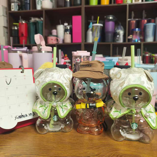3pcs -  Starbucks China Green X2  and camping x1  Bearista BEAR glass (The straw has a crack) - please read details before order
