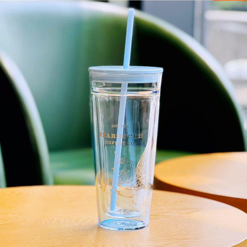 Starbucks 2022 blue carousel double layer Classic Glass Straw 20oz cup Starbucks loveinstarbucks