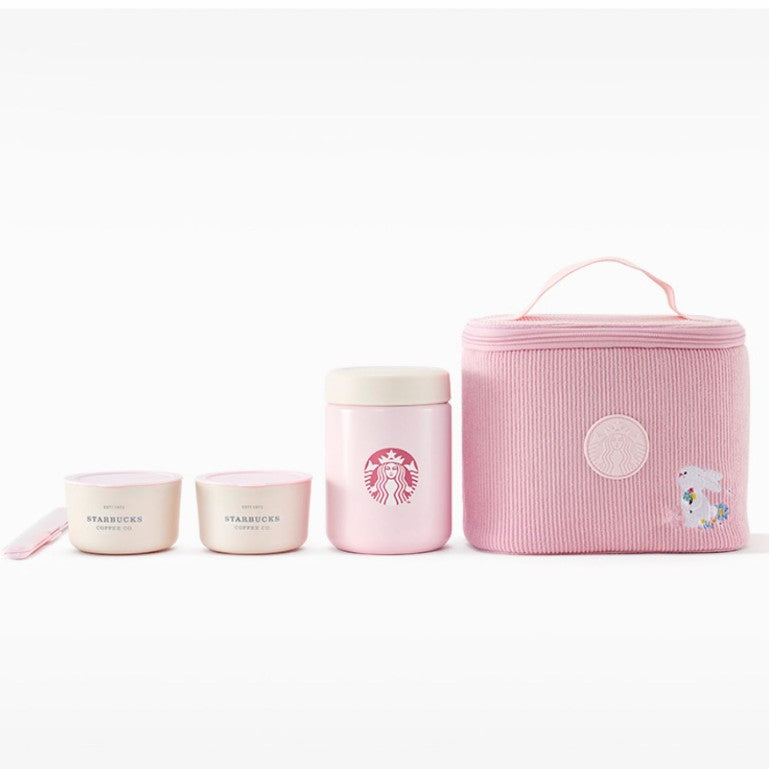 Starbucks China 2023 Spring Cute Rabbit Blooming Lunch Set Stainless Steel Cup Double Lunch Box Picnic Set Starbucks loveinstarbucks