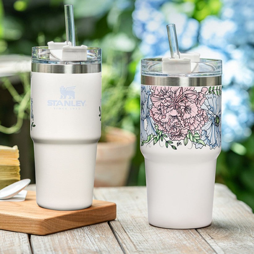 Stanley tumbler floral and white stainless steel straw cup 24oz and 16oz Stanley loveinstarbucks
