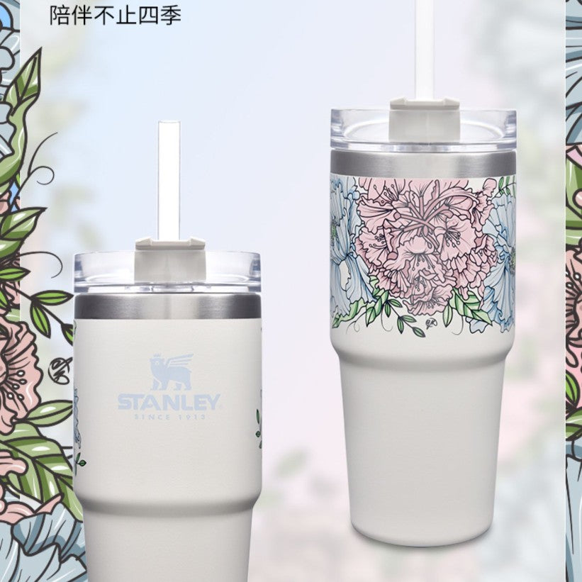 Stanley tumbler floral and white stainless steel straw cup 24oz and 16oz Stanley loveinstarbucks