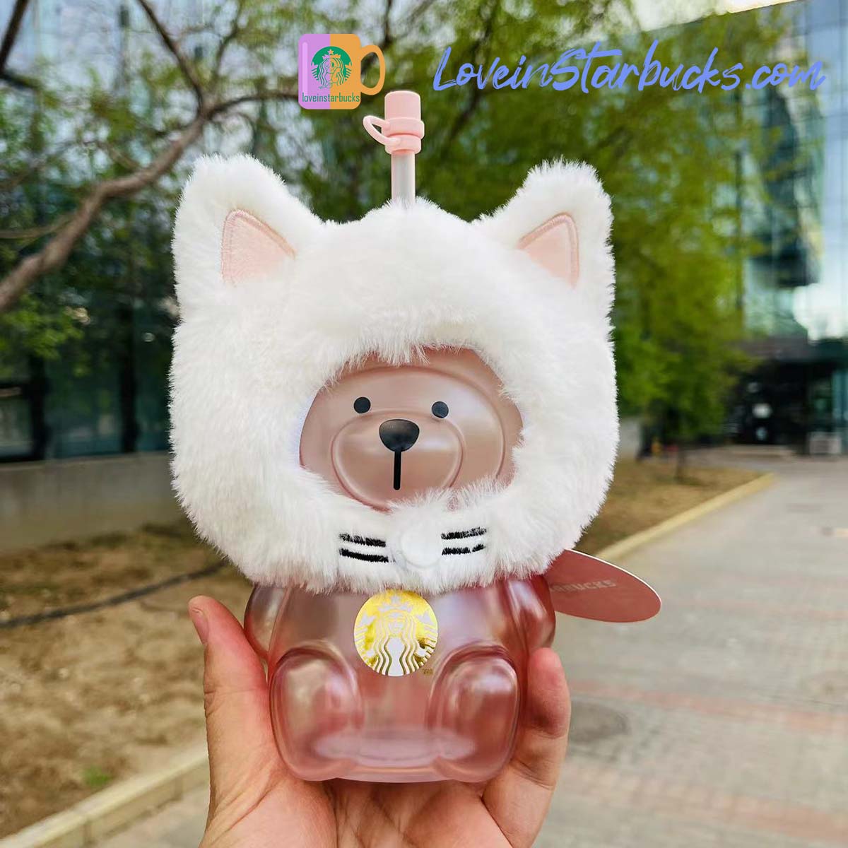 Starbucks China tumblers 560ml Cherry Blossom Cat Headgear barista Bear Glass Straw Cup Starbucks loveinstarbucks