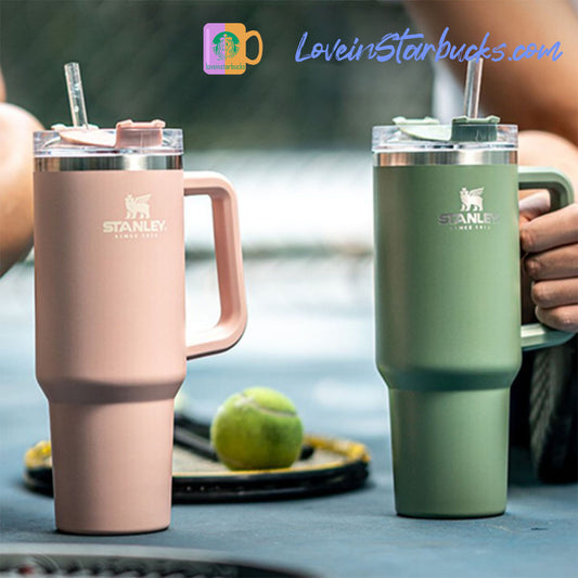 Stanley tumbler nectar pink and Shrub green stainless steel straw cup 40oz Starbucks loveinstarbucks