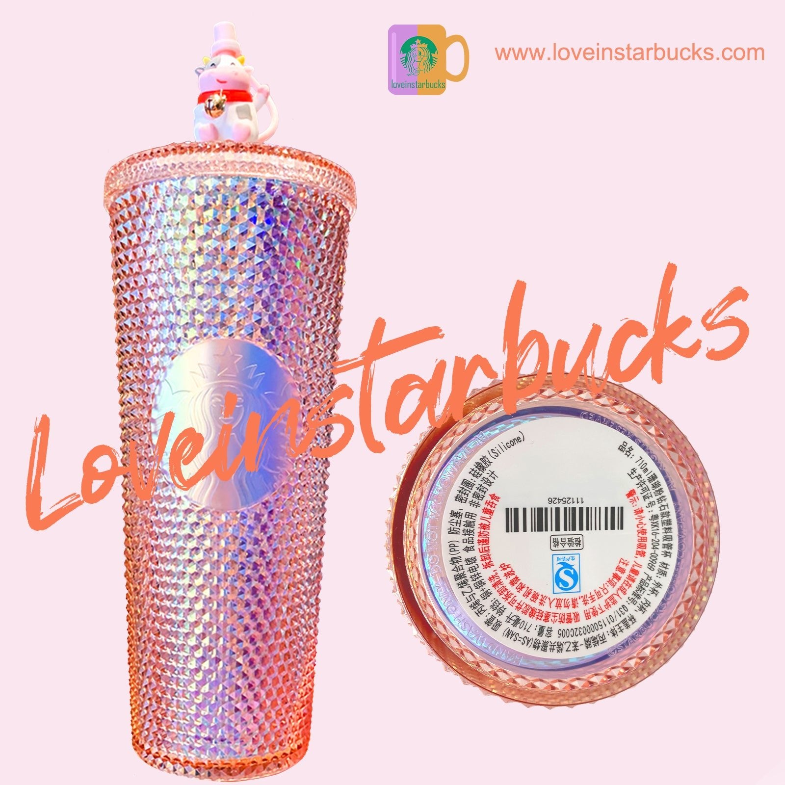 Starbucks China ox Coral Pink Shining Diamond Studded Tumbler Plastic Straw 24OZ Cup Starbucks loveinstarbucks